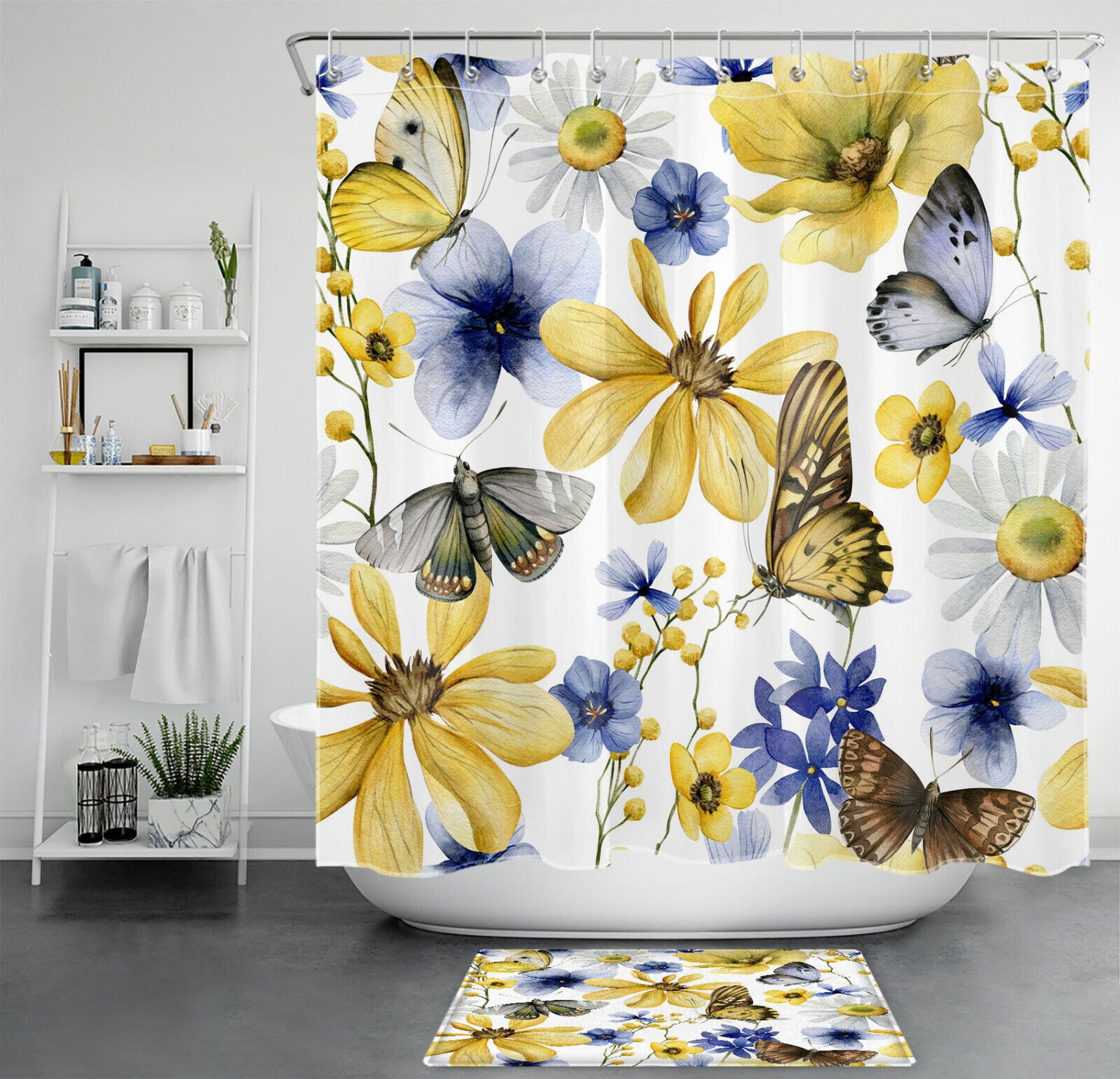 Yellow Floral Rustic Moth Blue Butterfly Bathroom Set Shower Curtain