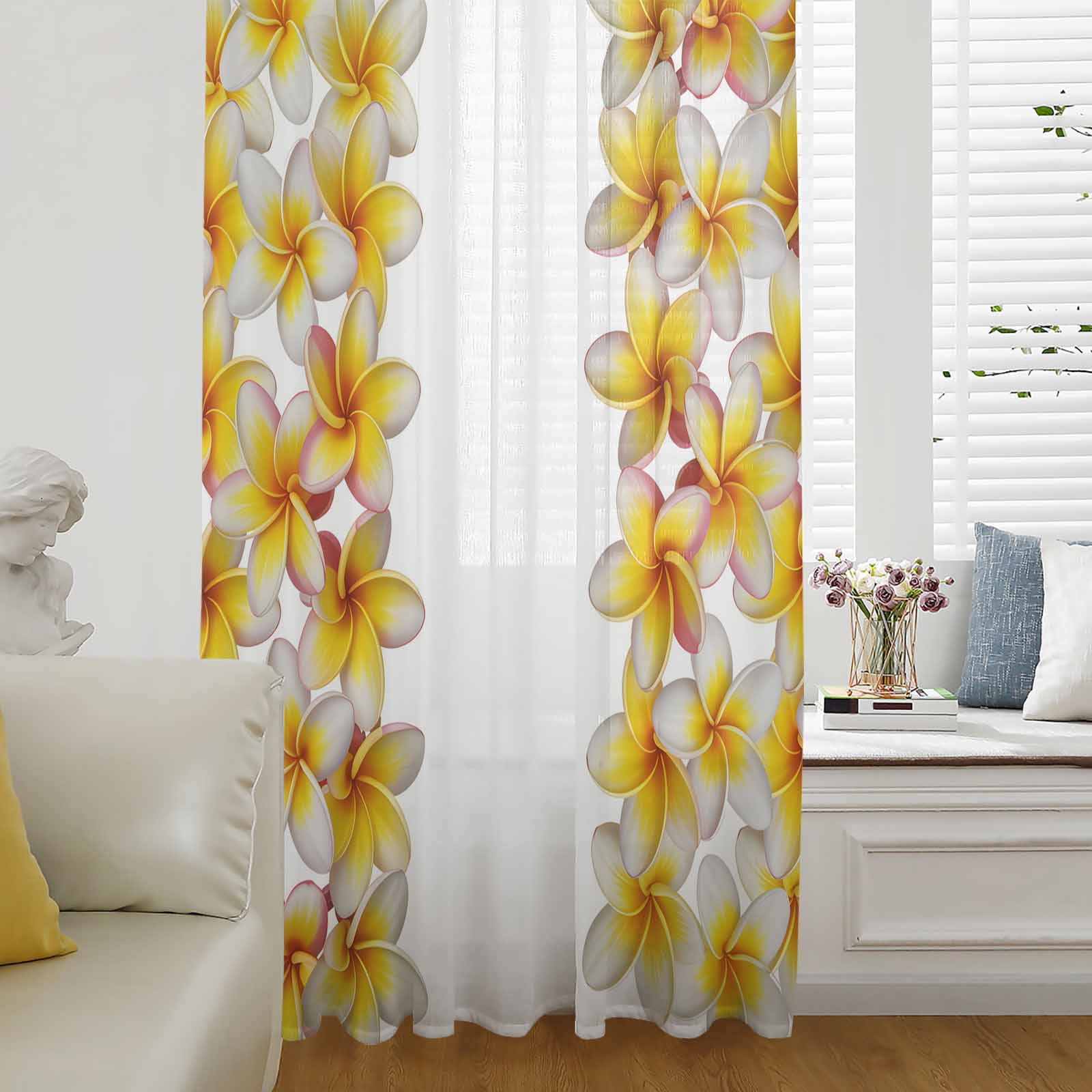 Yellow Floral Semi Sheer Curtains Drapes for Living Room, Bedroom
