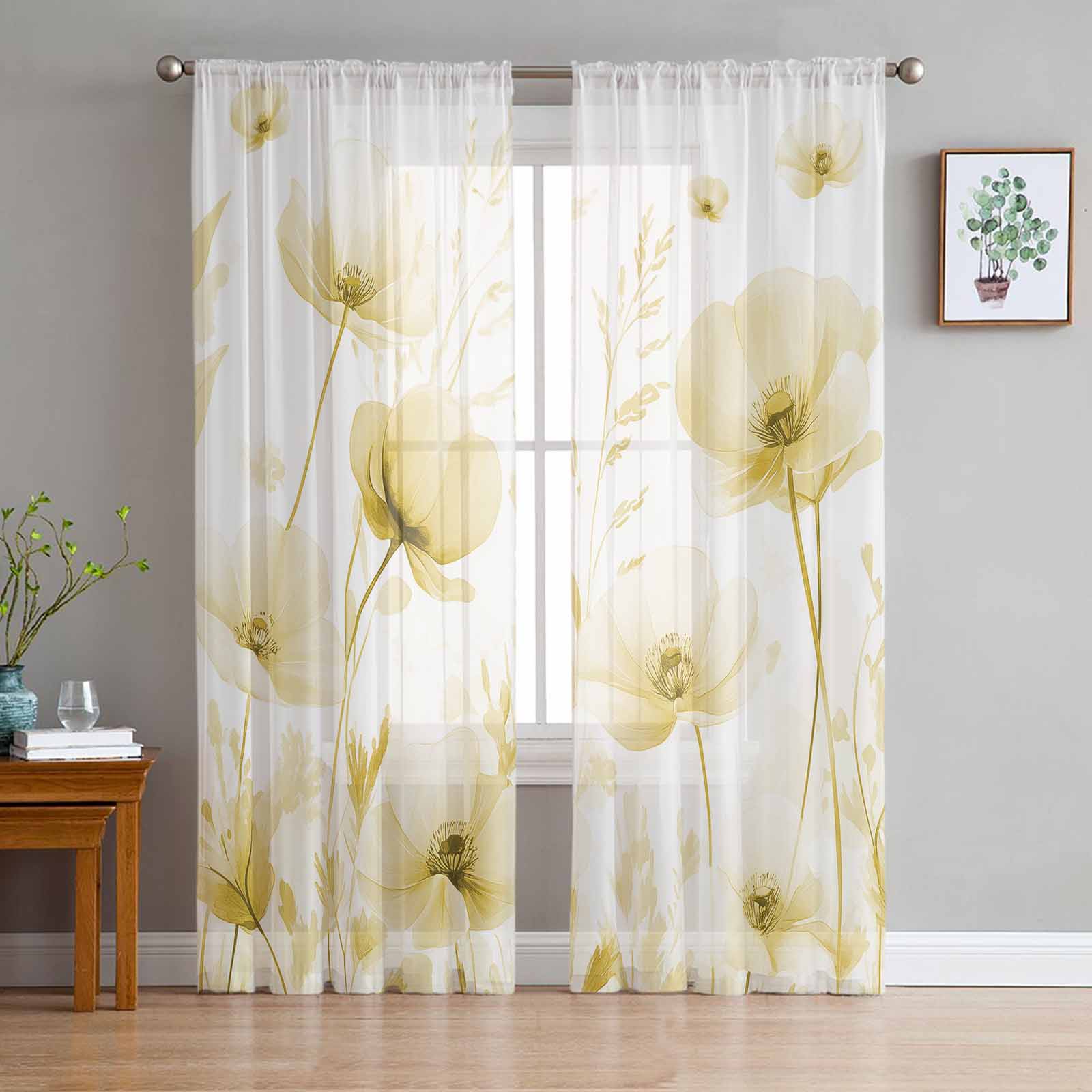 Yellow Floral Sheer Curtains 72 Inch Length 2 Panels Set for Living