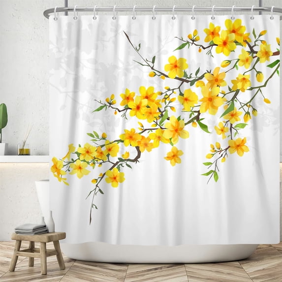 Yellow Floral Shower Curtain Flower Fabric Bath Curtains Rustic Bathroom Decor with Hooks 72Wx78L Inch