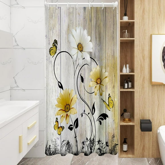 Yellow Floral Shower Curtain Flowers White Daisy Butterfly Cute Stall Small Single Walk in Half Size Dorm Standing Narrow Stand Up RV Home Bathroom Decor Bathtub Set with 7 Hooks, 36x72, Rustic