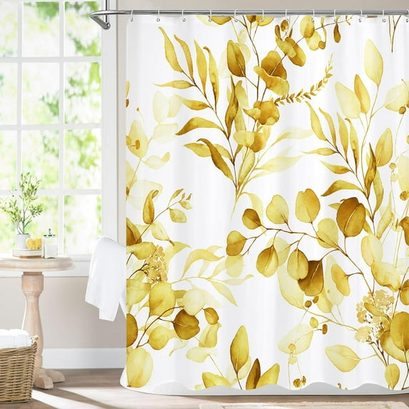 Yellow Floral Shower Curtain, Modern Plants Botanical Fabric Cloth Shower Curtains for Rustic Vintage Bathroom Decor, Fall Watercolor Eucalyptus Leaf, 72x72