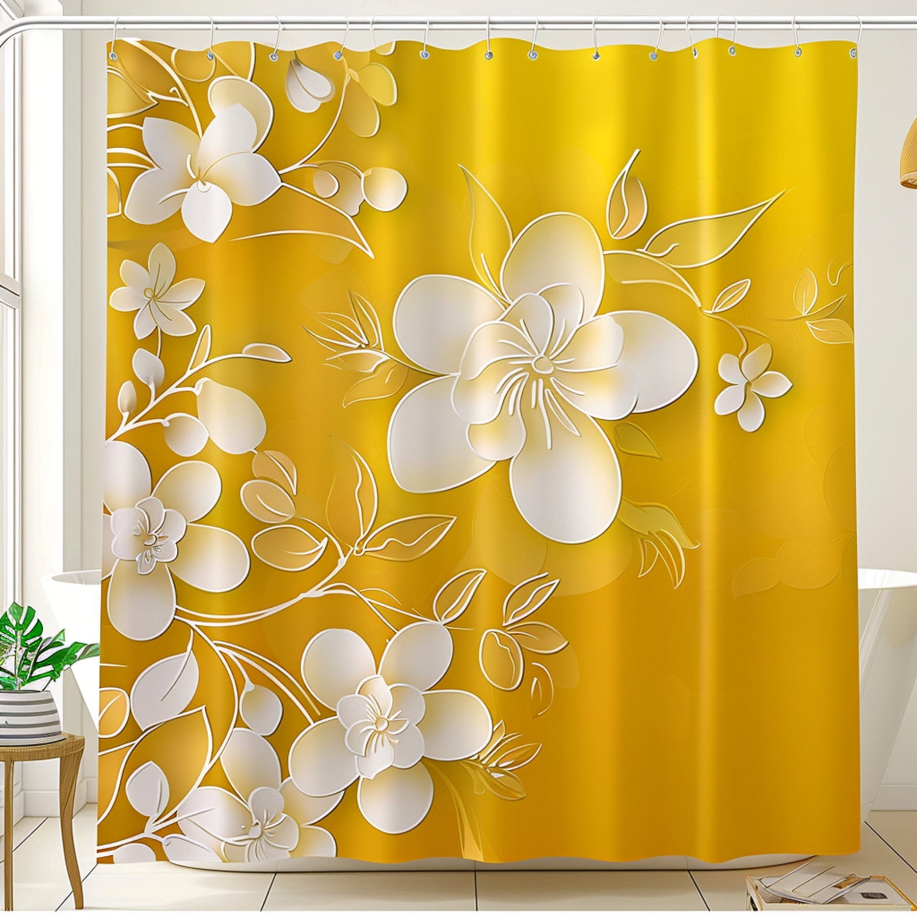 Yellow Floral Shower Curtain Set White Flowers And Leaves Design Bathroom