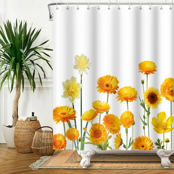Yellow Floral Shower Curtain,Spring Daisy Waterproof Fabric Bathroom Curtain with Hooks,72x78 in