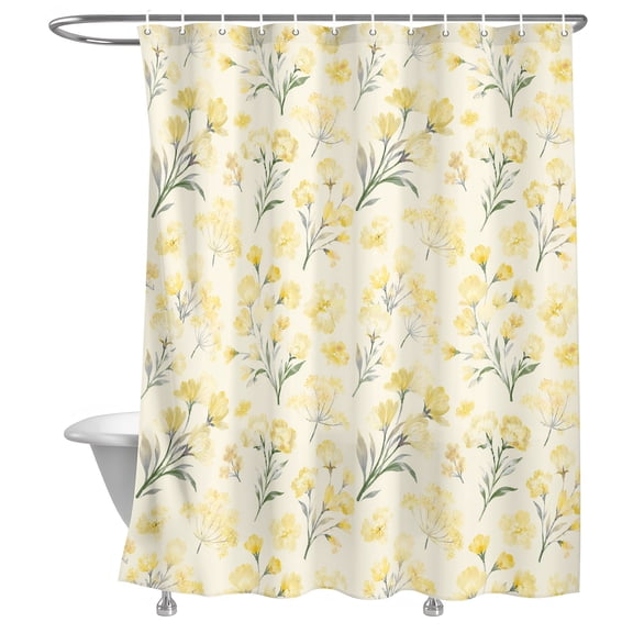 Yellow Floral Shower Curtain, Spring Romantic Flower Pale Yellow Backdrop Countryside Lightweight Waterproof Fabric Shower Curtain with Rustproof Grommets for Bathroom Bathtub 48x72in