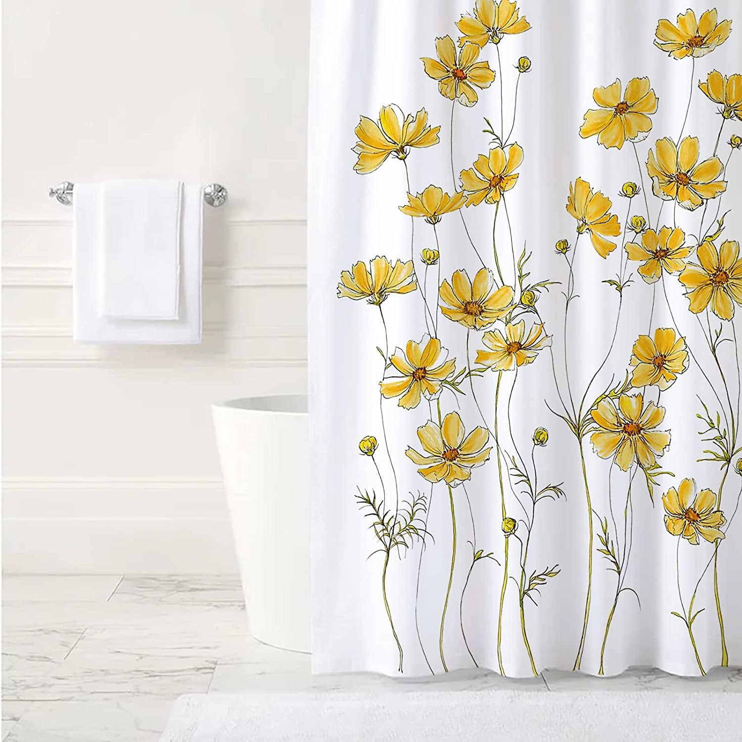 Yellow Floral Shower Curtain White Boho Flower Shower Curtains for