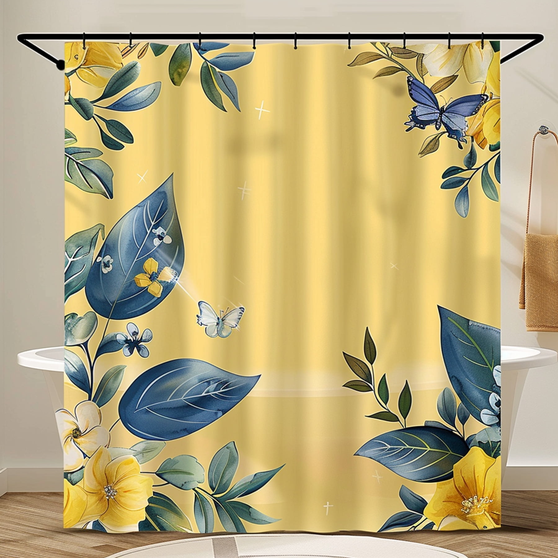 Yellow Floral Shower Curtain with Blue Leaves and Butterflies