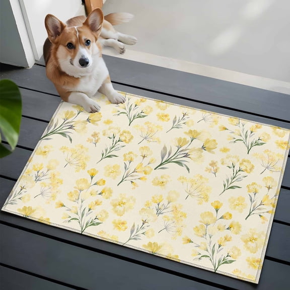 Yellow Floral Small Area Rugs 2x3 Spring Romantic Flower Pale Yellow Backdrop Countryside Entryway Rugs Washable Door Mat, Low-Profile Area Rugs Floor Carpet for Living Room Bedroom Home Office