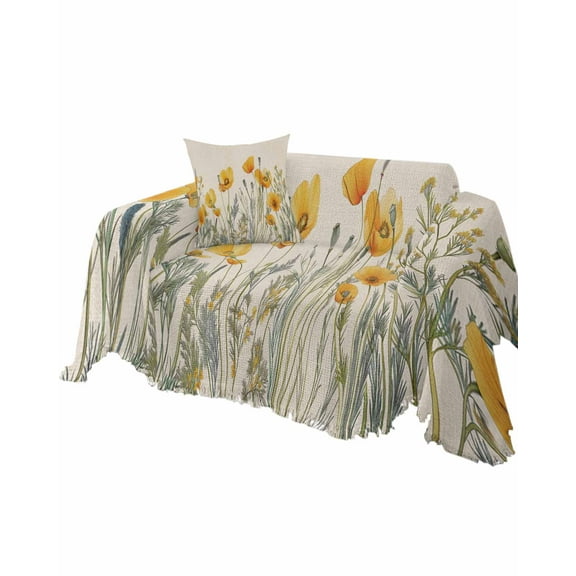 Yellow Floral Sofa Couch Covers for Dog,Washable Sectional Couch Slipcoverfor Loveseat with Tassels,Retro Botanical Flower Watercolor Non Slip Sofa Throw Cover Blanket Large 71''x102''
