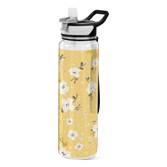Yellow Floral Sports Water Bottle 32oz with Straw for Kids Travel Mug BPA Free Leak Proof for School