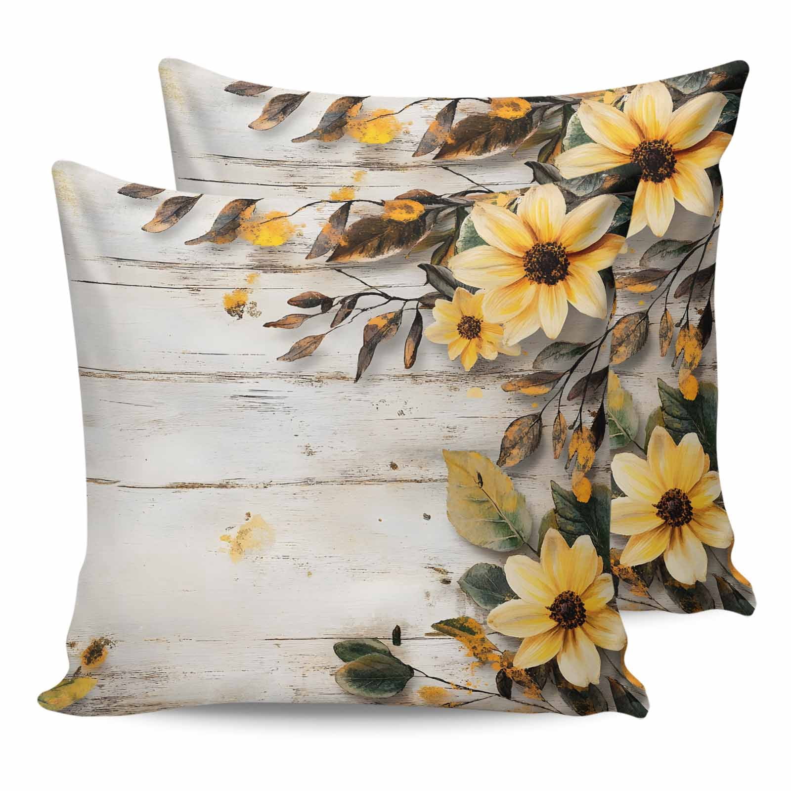 Yellow Floral Spring 20x20 Pillow Covers Set of 2, Summer Rustic Botanical Vintage Wood Throw Pillow Covers Decorative Couch Cushion Case, Microfiber Square Pillowcases for Bedroom Car Living Room