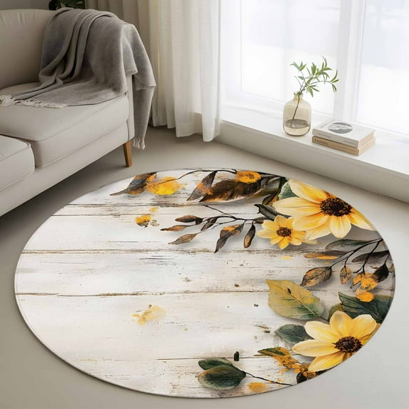 Yellow Floral Spring 3ft Round Rug, Summer Rustic Botanical Vintage Wood Non-Skid Rubber Backing Large Area Rugs - Living Room Bedroom Home Office, Indoor Floor Mat Carpets Washable Rug