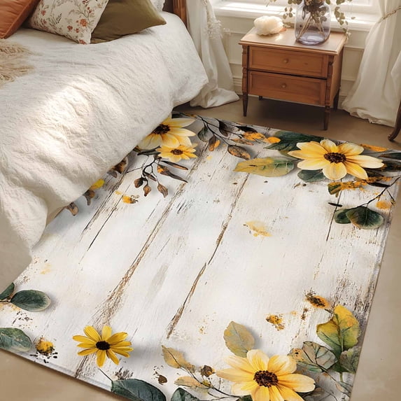Yellow Floral Spring Area Rugs 4x6 for Living Room, Summer Rustic Botanical Vintage Wood Non Slip Washable Rug Runner, Low Pile Indoor Floor Carpet Mat Bathroom Rugs for Bedroom, Kids Room