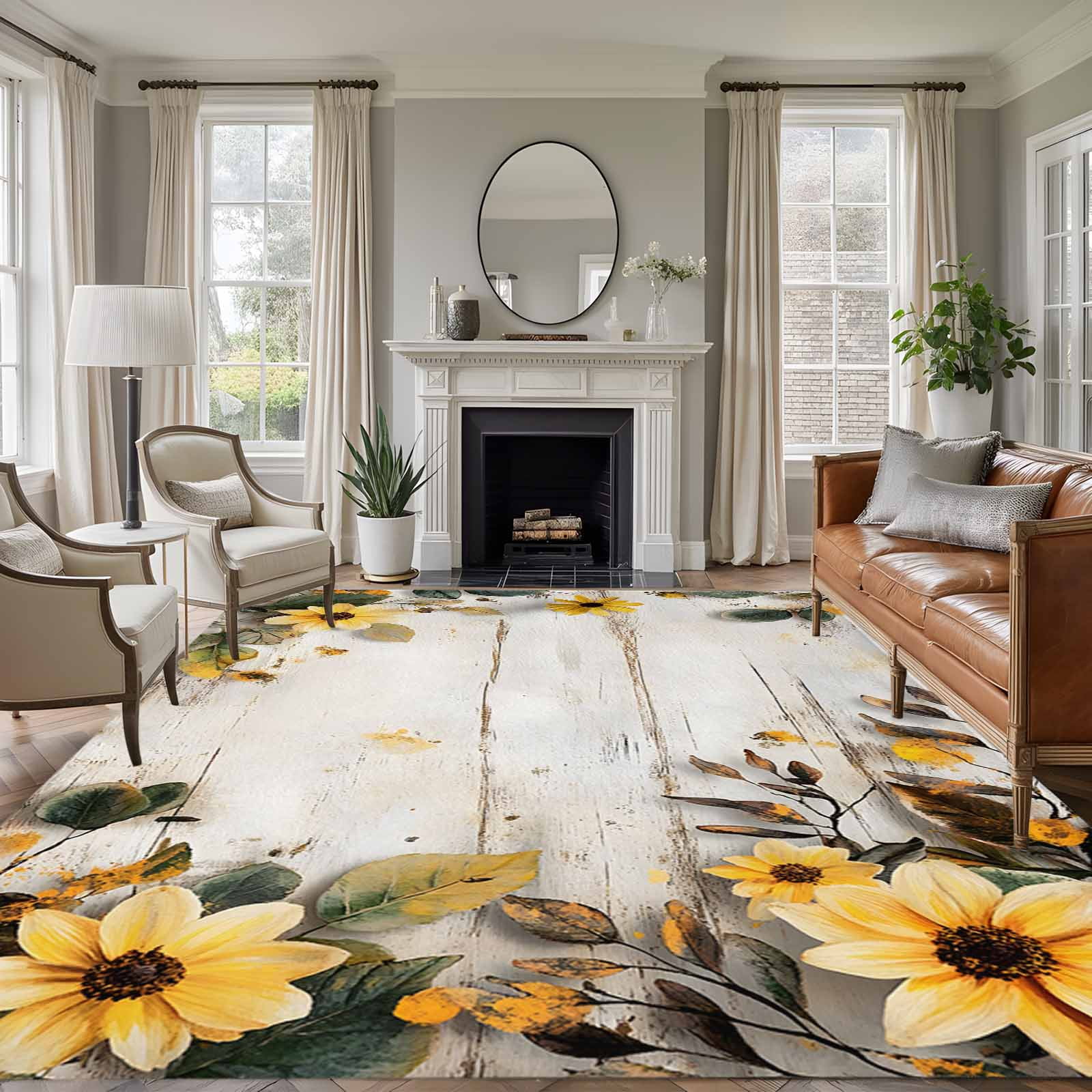 Yellow Floral Spring Area Rugs 6x9 for Living Room, Summer Rustic Botanical Vintage Wood Non Slip Washable Rug Runner, Low Pile Indoor Floor Carpet Mat Bathroom Rugs for Bedroom, Kids Room