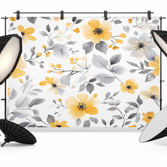 Yellow Floral Spring Backdrop for Photography,Fabric Photo Background Backdrop,Elegant Summer Botanical Gray Photo Booth Background for Portrait Photoshoot Video Wedding Studio Decor Banner 7x5ft