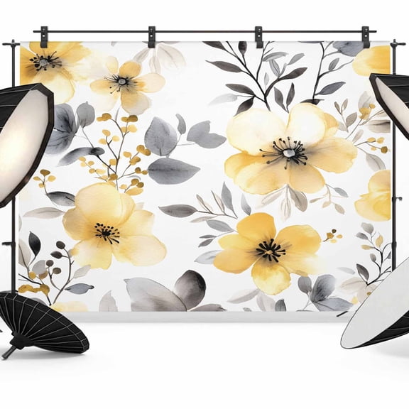 Yellow Floral Spring Backdrop for Photoshoot,Photography Photo Studio Background Wall Backdrop,Summer Botanical Gray Farmhouse Back Drop Banner Panel for Portraits Wedding Party Live Streaming 7x5Ft