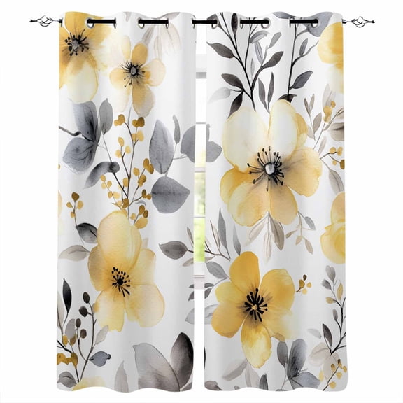Yellow Floral Spring Blackout Curtains for Bedroom Living Room Darkening Curtains 63 Inches Long Summer Botanical Gray Farmhouse Window Curtain 2 Panels Set Window Treatment Grommet Drapes 42"x63"