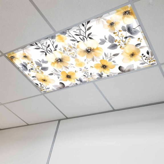 Yellow Floral Spring Magnetic Fluorescent Light Covers for Ceiling Lights 2x4Ft, Summer Botanical Gray Farmhouse Office Classroom Kitchen Drop Ceiling Light Covers Lighting Filters Shade Panel 1 Pack