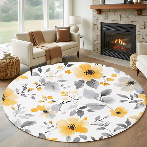 Yellow Floral Spring Round Rug 5ft Washable Circle Kitchen Rugs Non Slip Elegant Summer Botanical Gray Large Area Rug Indoor Floor Carpet for Bedroom Living Room Home Office Dining Room Nursery