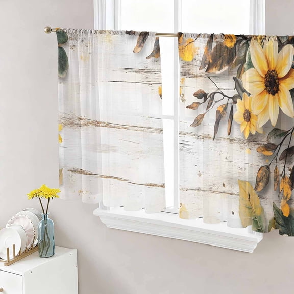 Yellow Floral Spring Sheer Curtains 45 Inch Length 2 Panels Set, Vintage Summer Botanical Voile Window Treatment Rod Pocket Small Kitchen Curtains Drapes for Bedroom 52"x45"x2