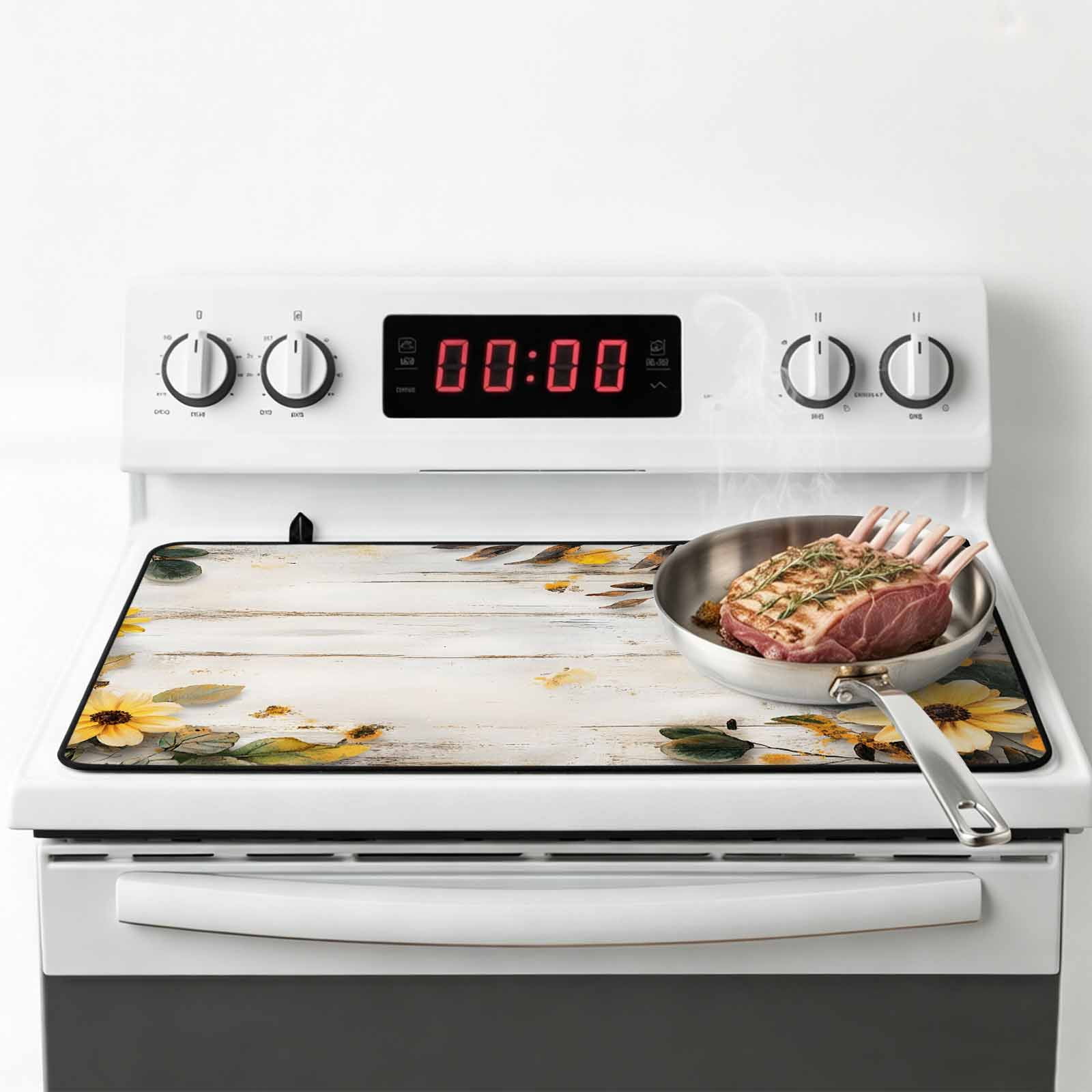 Yellow Floral Spring Stove Top Cover for Electric Stove, Heat-proof & Non Slip Glass Top Stove Cover Protector, Vintage Summer Botanical Kitchen Flat Cooktop Rubber Mat 24x21 Inches