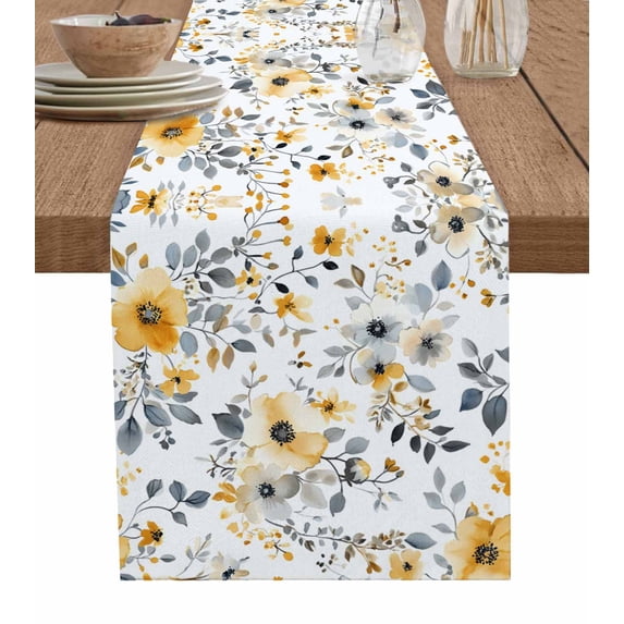 Yellow Floral Spring Table Runner 36 Inches, Elegant Gray Summer Botanical Bed Runner Dresser Scarves Tabletop for Indoor Outdoor Parties/Ceremony/Banquet, 13"x 36"