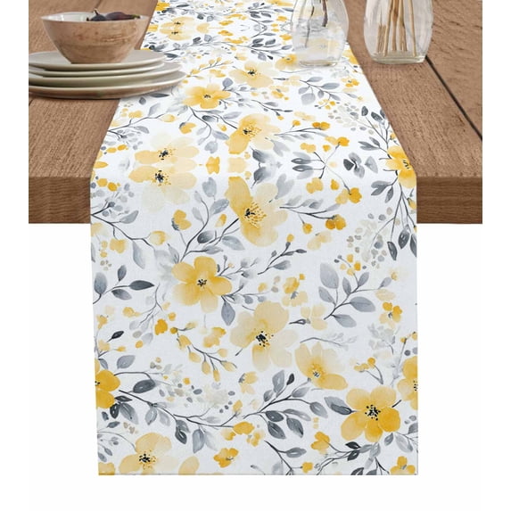 Yellow Floral Spring Table Runner 90 Inches, Pastoral Gray Botanical Summer Bed Runner Dresser Scarves Tabletop for Indoor Outdoor Parties/Ceremony/Banquet, 13" x 90"