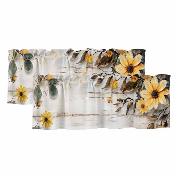 Yellow Floral Spring Valances for Windows, Light Filtering Kitchen Curtain Valances 2 Panels, Vintage Summer Botanical Rod Pocket Short Window Treatments for Living Room Bedroom 42"Wx12"L
