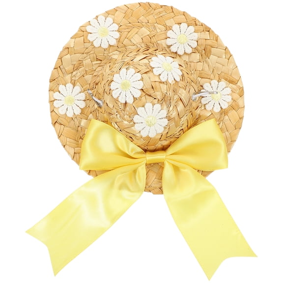 Yellow Floral Straw Hat for Pets Lightweight Sun Protection Ideal for Dogs and Cats 5.5 inches