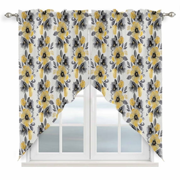 Yellow Floral Swag Valances for Windows 2 Pack, Kitchen Window Curtains 36 Inch Length, Abstract Watercolor Flower Leaf Plant Privacy Swag Curtains for Living Room/Bathroom with Rod Pocket 36"x36"