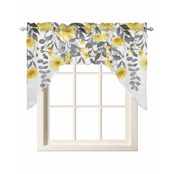 Yellow Floral Swag Valances for Windows, Small Curtains Drapes, Farmhouse Spring Flowers Leaves Kitchen Window Curtains Over Sink Rod Pocket Window Treatment Valance for Bedroom/Bathroom 56"x36"