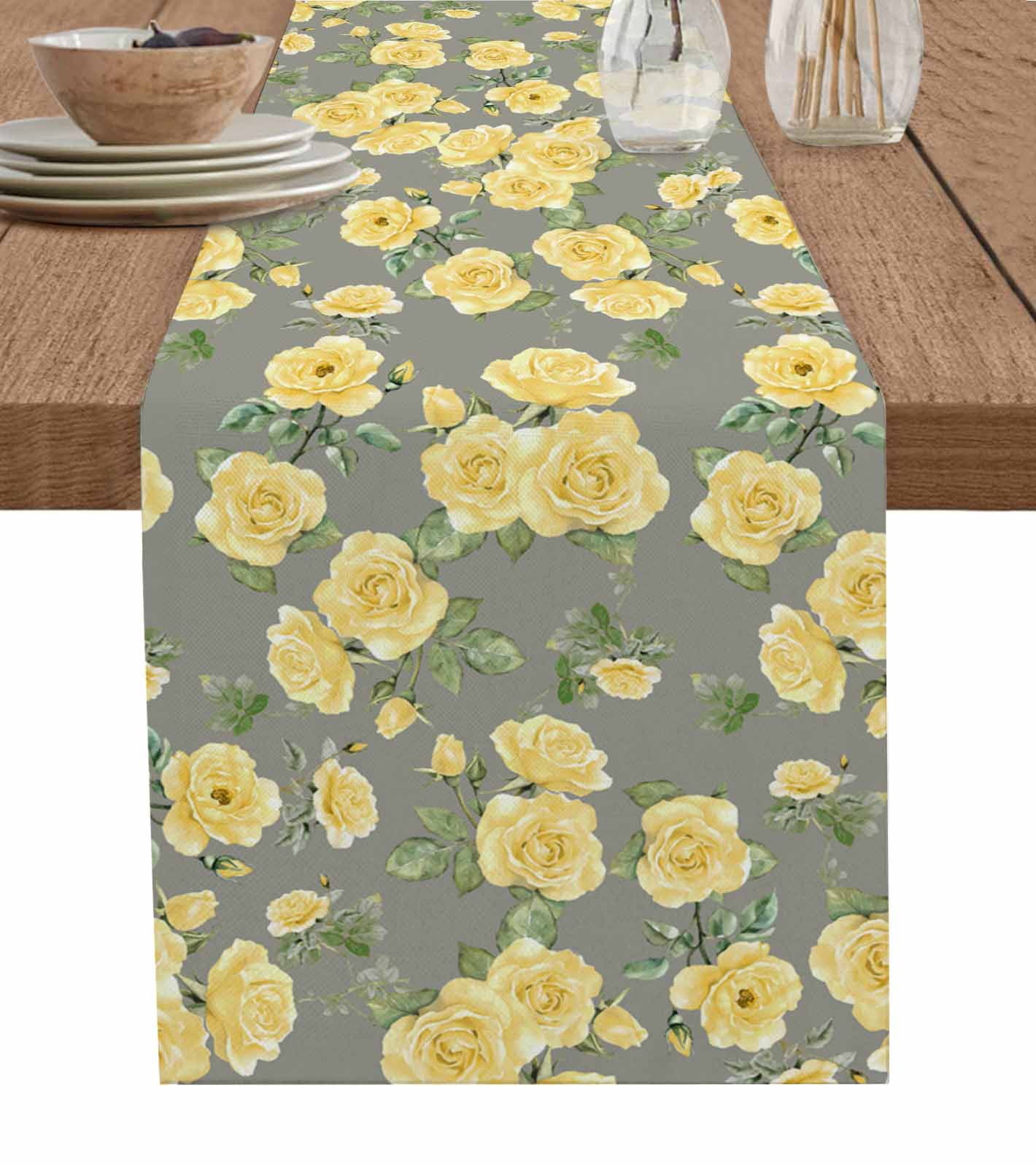 Yellow Floral Table Runner Cotton Linen 108 Inch Holiday Dresser Scarves, Farmhouse Garden Flowers Botanical Tablerunner for Kitchen Coffee Dining Bedroom Living Room Dinner Scarf Décor 13''x108''