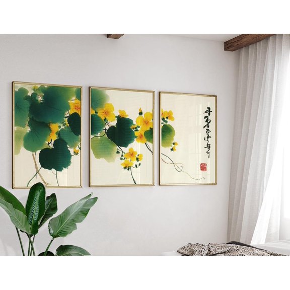 Yellow Floral Vine Asian Ink Wall Art Set 3 Stretched Canvas 16x24