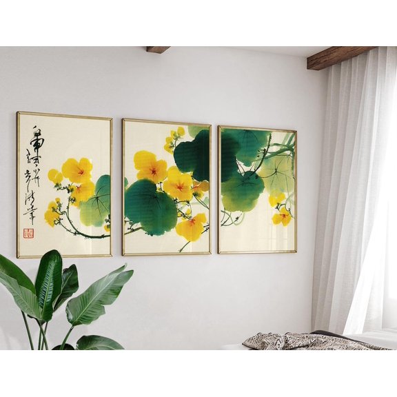 Yellow Floral Vine Asian Ink Wall Art Version 2 Set 3 Stretched Canvas 16x24