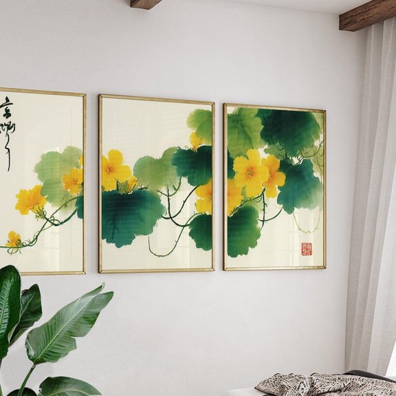 Yellow Floral Vine Poster Asian Ink Painting Wall Art Set 3 Stretched Canvas 16x24