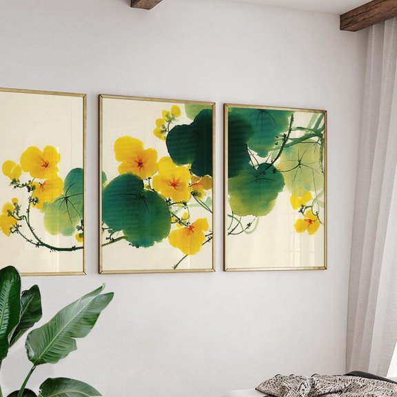 Yellow Floral Vine Poster Asian Ink Painting Wall Art Set 3 Stretched Canvas 8x12