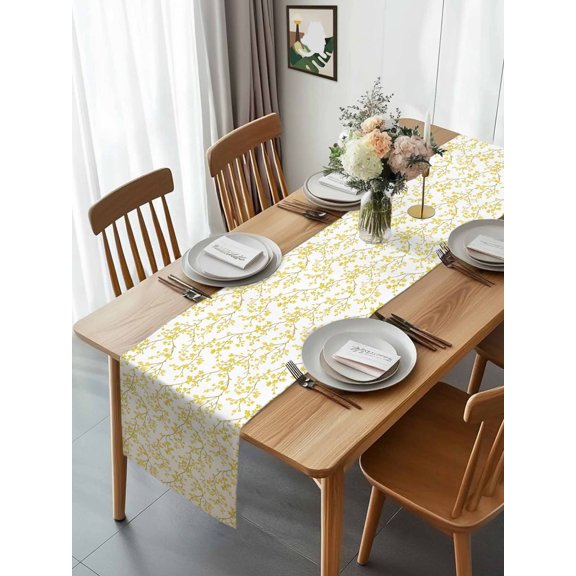 Yellow Floral Vine Texture Table Runner 13x70in Non-Slip Cotton Linen Table Runners, Elegant Flower Dresser Scarves TableRunner for Dinner Kitchen Dining Wedding Party