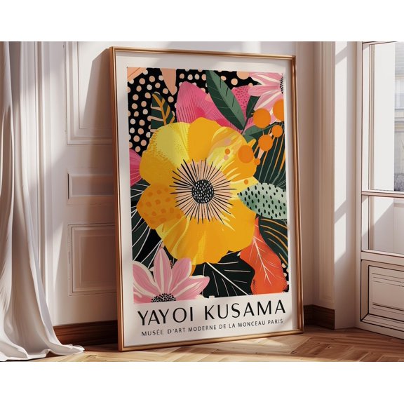 Yellow Floral Wall Art Colourful Tropical Poster | Yayoi Kusama Inspired Modern Flower Print for Living Room, Office, Bedroom or Kitchen, 12x18 UNFRAMED