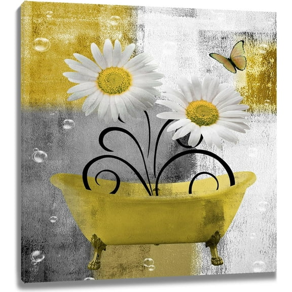 Yellow Floral Wall Art Country Daisy Flower and Butterfly Framed Wall Art Grey and White Abstract Geometric Canvas Art Wall Decor for Bathroom Living Room Bedroom Decor,12L X 12W Inches