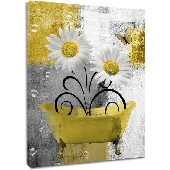 Yellow Floral Wall Art Country Daisy Flower and Butterfly Framed Wall Art Grey and White Abstract Geometric Canvas Art Wall Decor for Bathroom Living Room Bedroom Decor,16L X 12W inches