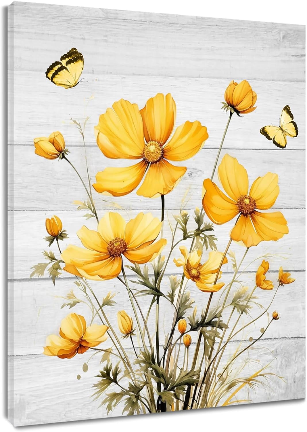 Yellow Floral Wall Art Country Flower and Butterfly on Rustic Wood ...