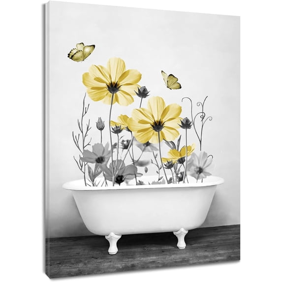 Yellow Floral Wall Art for Living Room,Yellow and Gray Flower Butterfly in Bathtub on Rustic Wood Canvas Wall Art Country Wildflower Framed Wall Art for Bathroom Bedroom Decor,16L X 12W inches
