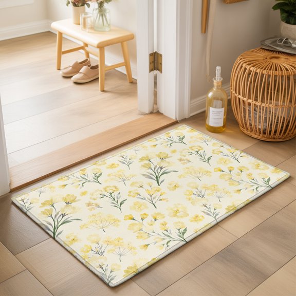 Yellow Floral Washable Small Entryway Area Rugs 2'x3', Spring Romantic Flower Pale Yellow Backdrop Countryside Washable Throw Rug Non-Slip Sturdy Edge Binding Carpet for Front Door Floor Room Entry