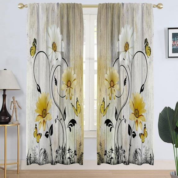 Yellow Floral Window Curtain Rustic Country Flower White Daisy Sunflower Butterfly Abstract Black Grey Leaves Living Room Bedroom Window Drapes Treatment Fabric 1 Pair, 52" W x 84" L, Vintage