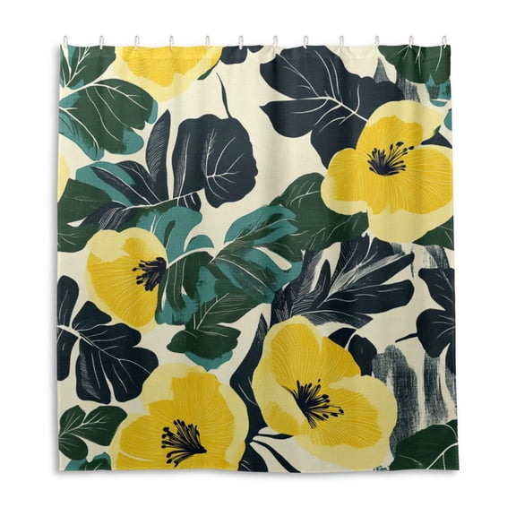 Yellow Floral and Leaf Shower Curtain Liner 66x72 Inch Waterproof Shower Curtains Decorative Bathroom with 12 Pack Hooks