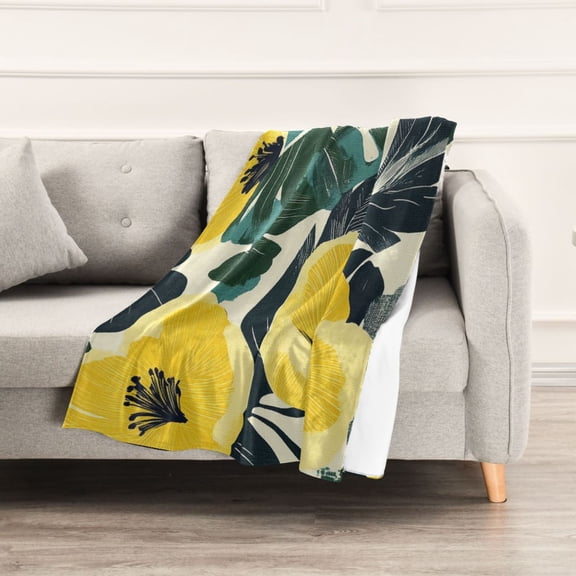 Yellow Floral and Leaf Throw Blanket 60" x 90" Soft and Warm Blankets for Couch Sofa and Bed