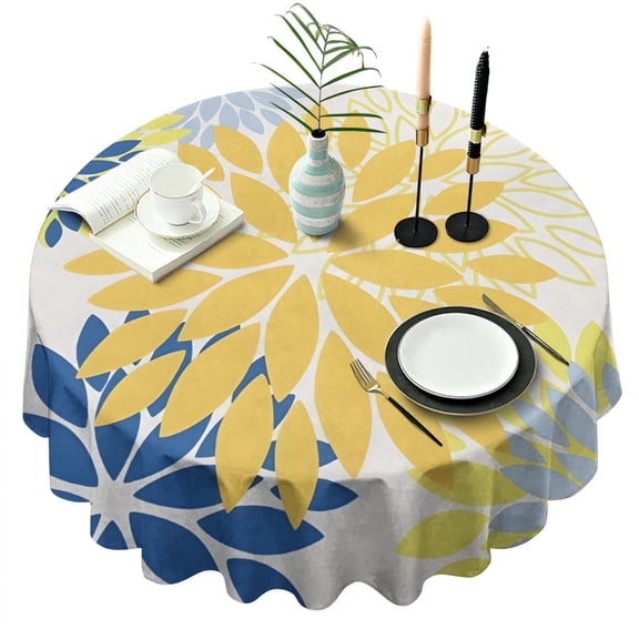 Yellow Floral and Petal Pattern Round Tablecloth 60"x60",Wrinkle Wipeable Table Cloth for Kitchen Dining Room Picnic Patio Party