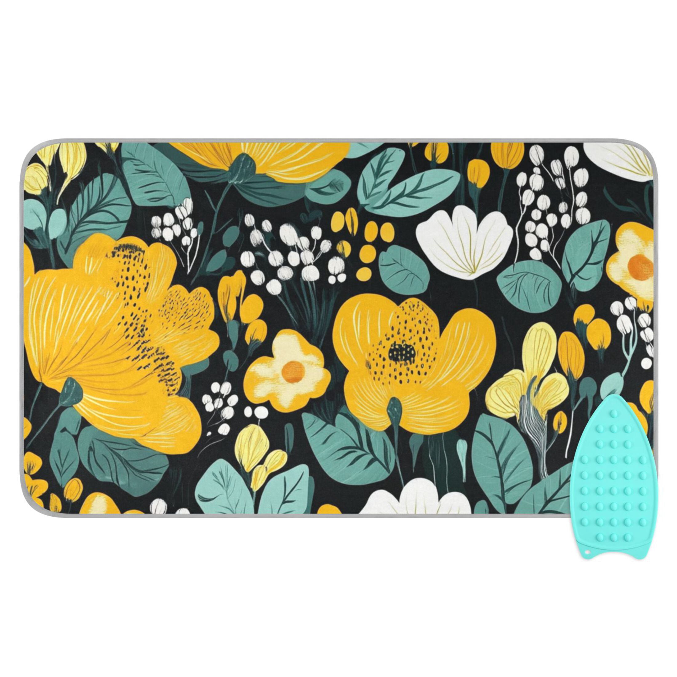 Yellow Floral on Black Background Ironing Mat Blanket for Table Top Travel Portable Ironing Board Pad 47.2x27.6 Inch