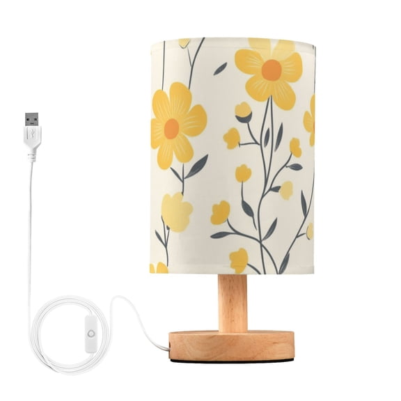 Yellow Florals Buds Leaves Hand Drawn Table Lamp with USB Port LED Warm Light Lamp Night Light Home Decor