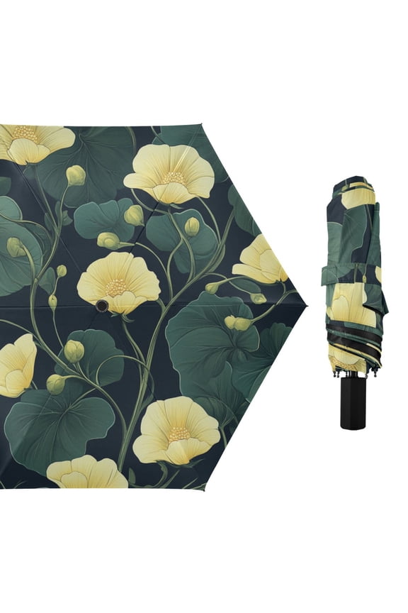 Yellow Florals Green Leaves Retro Color All Weather Umbrella Triple Folding Parasol 6 Ribs UV Protection Portable
